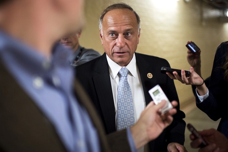 Rep. Steve King, R-Iowa, speaks with reporters as he leaves the House Republican Conference meeting in the basement of the Capitol on Oct. 4, 2013 in Washington, D.C. (Photo By Bill Clark/CQ Roll Call/Getty)