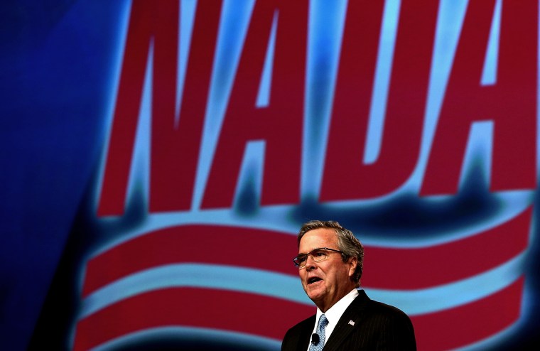 Former Florida governor Jeb Bush speaks during the 2015 National Auto Dealers Association (NADA) conference on Jan. 23, 2015 in San Francisco, California. (Photo by Justin Sullivan/Getty)