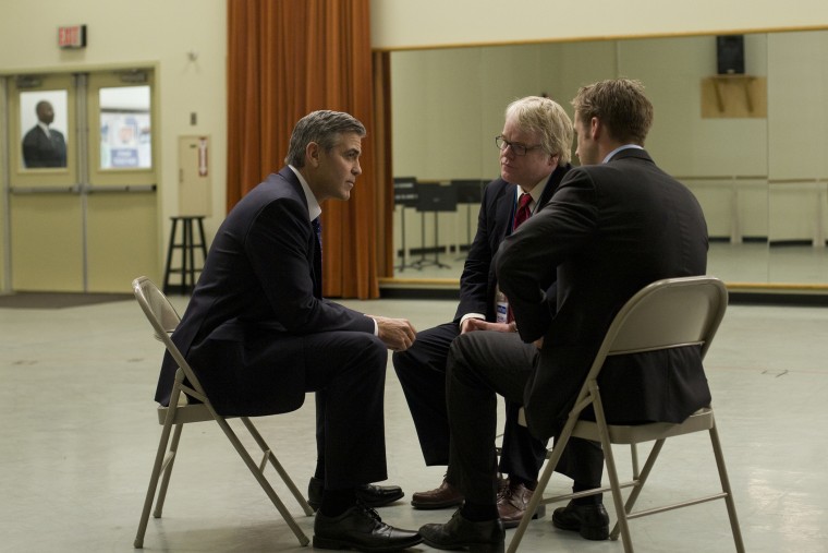 In this image released by Colombia Pictures, from left, George Clooney, Philip Seymour Hoffman and Ryan Gosling are shown in a scene from \"Ides of March.\" (Saeed Adyani/Columbia Pictures/Sony/AP)