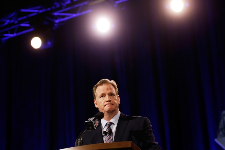 NFL Commissioner Roger Goodell participates in a news conference for NFL Super Bowl XLIX football game, Jan. 30, 2015, in Phoenix, Ariz. (Photo by David J. Phillip/AP)