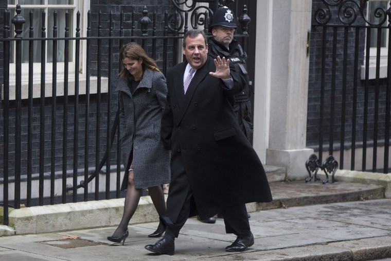 New Jersey Governor Chris Christie and his wife Mary Pat Christie arrive to meet with Britain's Chancellor of the Exchequer, George Osborne, at Downing Street in London