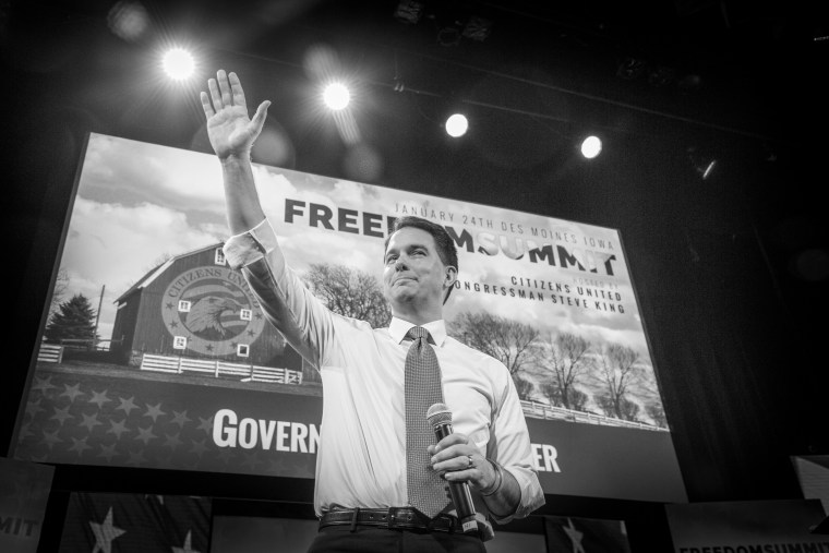 Wisconsin Gov. Scott Walker greets the crowd at the Freedom Summit, Jan. 24, 2015, in Des Moines, Iowa.