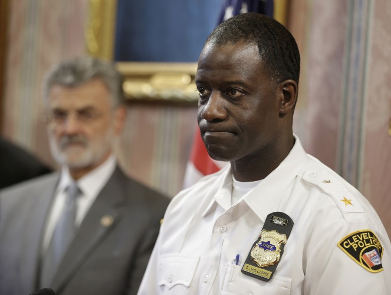 Cleveland Police Chief Calvin D. Williams makes a statement on May 30, 2014, regarding the indictment of six police officers involved in a November 2012 car chase that ended in the deaths of two unarmed people.