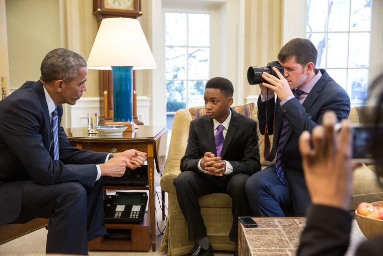 President Barack Obama meets Vidal Chastanet, Brandon Stanton and Nadia Lopez and is photographed for a \"Humans of New York\" Instagram in the Oval Office on Feb. 5, 2015.