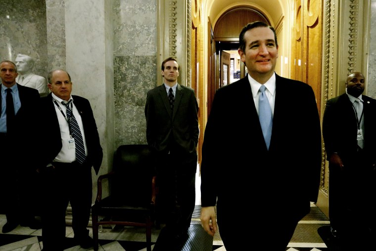 US Senator Ted Cruz smiles as he departs the Senate floor after it passed at $1.1 trillion spending bill at the US Capitol in Washington, Dec. 13, 2014. (Photo by Jonathan Ernst/Reuters)