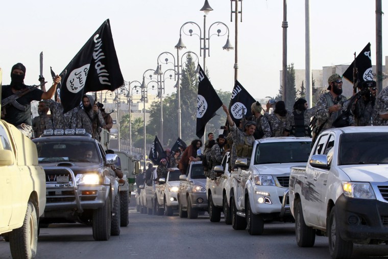 Militant Islamist fighters parade on military vehicles along the streets of northern Raqqa province