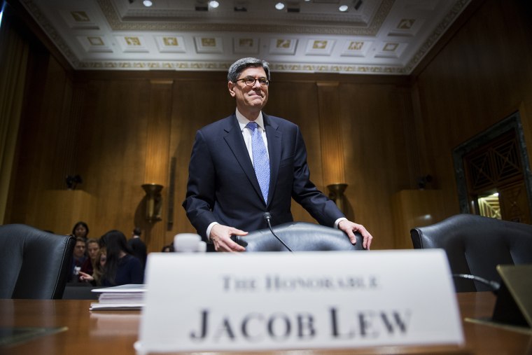 Treasury Secretary Jack Lew, arrives to testify before a Senate Finance Committee hearing in Dirksen Building on Feb. 5, 2015. (Photo By Tom Williams/CQ Roll Call/Getty)