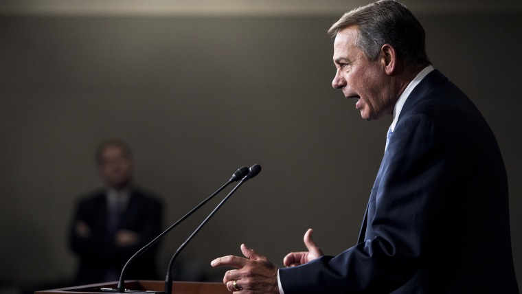 Speaker of the House John Boehner, R-Ohio, holds his weekly on camera briefing in the Capitol on May 22, 2014. (Photo By Bill Clark/CQ Roll Call/Getty)