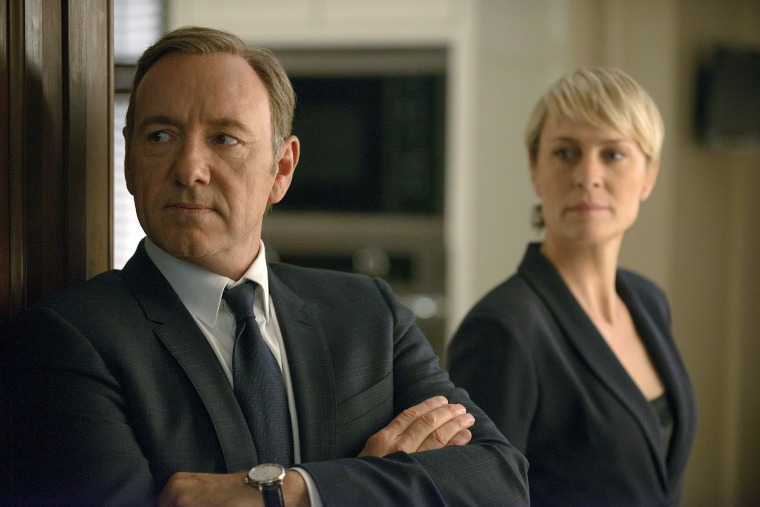 Kevin Spacey as Francis Underwood, left, and Robin Wright as Clair Underwood in a scene from \"House of Cards.\"