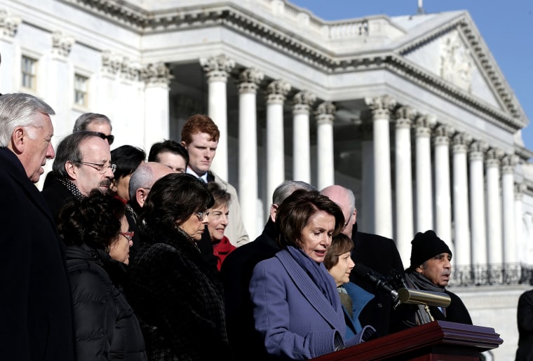 House Minority Leader Nancy Pelosi and members of the House Democratic caucus call on House Republicans to pass \"clean\" funding bill for the Department of Homeland Security at the US Capitol Feb. 13, 2015 in Washington, DC. (Photo by Win McNamee/Getty)