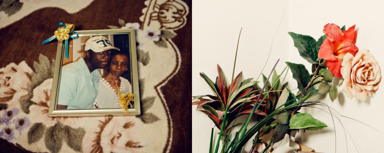 (L) A photo of Ramarley Graham with his grandmother sits on a shelf while (R) decorative flowers are arranged at the family's Bronx home.