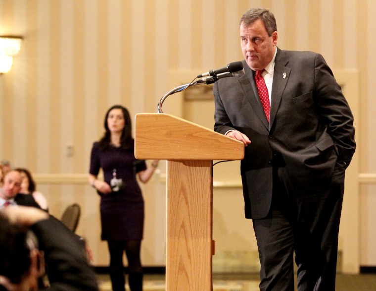 New Jersey Gov. Chris Christie listens to a question from the audience at the 3rd Annual Lincoln-Reagan Dinner at The Grappone Center, Feb. 16, 2015, in Concord, N.H. (Photo by Mary Schwalm/AP)