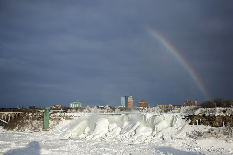 A rainbow appears over the partially frozen American Falls in sub freezing temperatures in Niagara Falls, Ontario on Feb. 17, 2015.