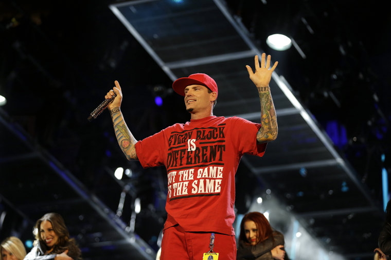 Singer Vanilla Ice performs during the skills competition at the NBA All Star basketball game, Feb. 15, 2014, in New Orleans. (Photo by Gerald Herbert/AP)