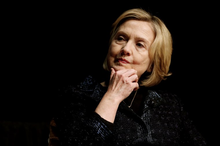 Former US Secretary of State Hillary Rodham Clinton contemplates during a question and answer session with Victor Dodig of CIBC, at a Winnipeg Chamber of Commerce luncheon in Winnipeg, Canada, Jan. 21, 2015. (Photo by John Woods/The Canadian Press via AP)
