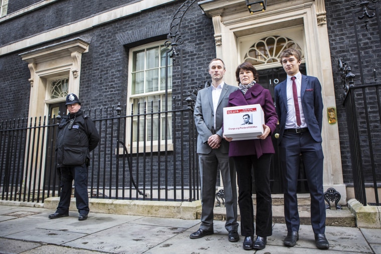 The family of Alan Turing delivers a Change.org petition calling for a pardon for more than 49,000 British gay men convicted under historic anti-gay laws in the UK, Feb 23, 2015 in London, England. (Photo by Andrew Aitchison/In Pictures/Corbis)
