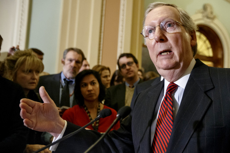 Senate Majority Leader Mitch McConnell (R-KY) meets with reporters on Capitol Hill in Washington on Feb. 24, 2015.