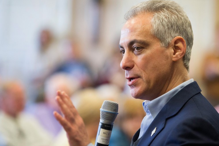 Chicago Mayor Rahm Emanuel talks with residents at a senior living center during a campaign stop on Feb. 23, 2015 in Chicago, Illinois. (Photo by Scott Olson/Getty)