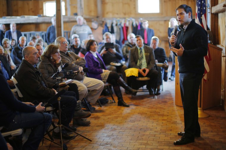 Republican U.S. Senator and possible presidential candidate for 2016 Marco Rubio (R-FL) (R) speaks during an appearance in Hollis, N.H. on Feb.23, 2015.