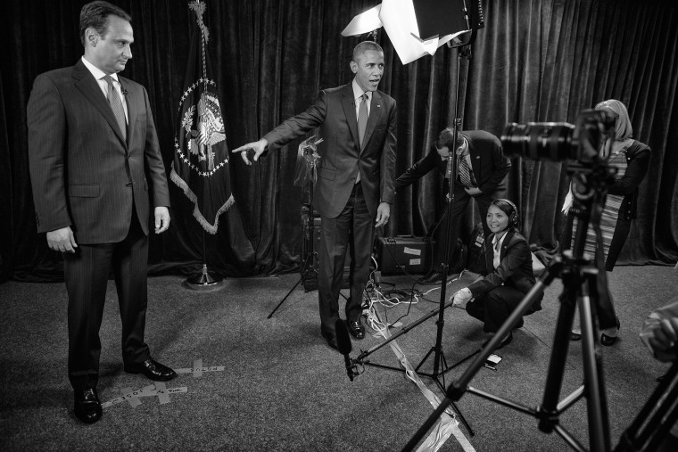 President Barack Obama is seen backstage at the MSNBC town hall event on immigration with host Jose Diaz-Balart in Miami, Fla., on Feb. 25th, 2015. (Photo by Charles Ommanney/Reportage by Getty for MSNBC)
