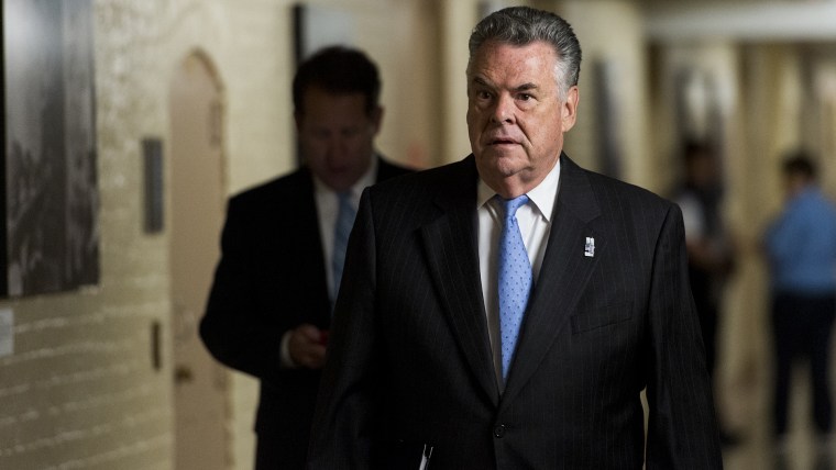 Rep. Peter King, R-N.Y., arrives for the House Republican Conference meeting in the basement of the Capitol on May 29, 2014. (Photo by Bill Clark/CQ Roll Call/Getty)