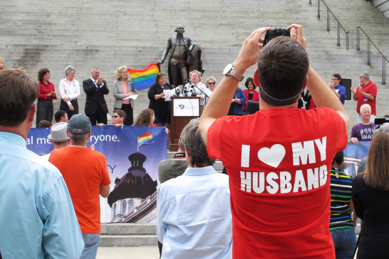 Supporters of gay marriage held a rally at the capitol the same day a Charleston County Probate judge approved an application for a same-sex marriage license. (Photo by Jeffrey Collins/AP)