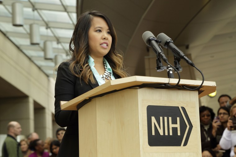 Dallas nurse Nina Pham speaks during a news conference at the National Institutes of Health (NIH) in Bethesda, Maryland in this Oct. 24, 2014. (Photo by National Institutes of Health/Handout via Reuters)