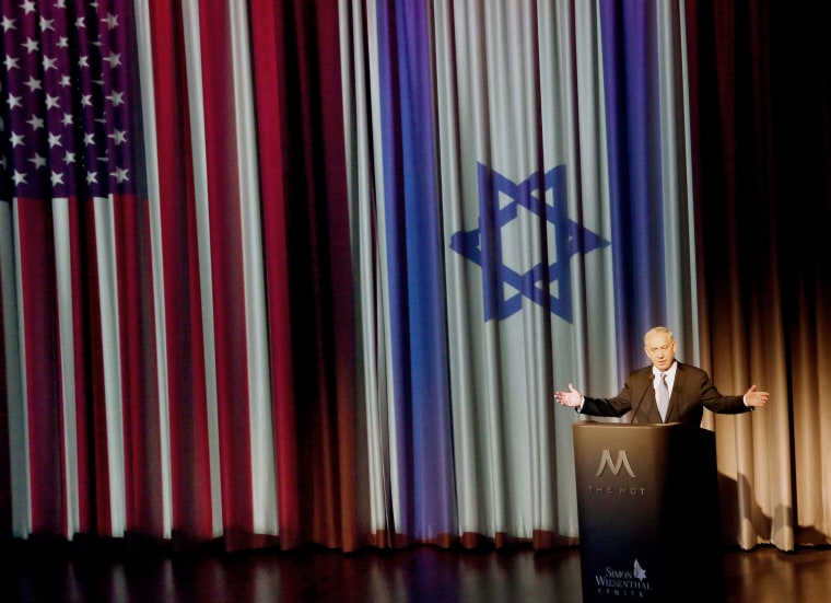 Israeli prime minister Benjamin Netanyahu addresses leaders in Los Angeles's Jewish community in Los Angeles, Calif., March 6, 2014. (Photo by Nick Ut/AP)