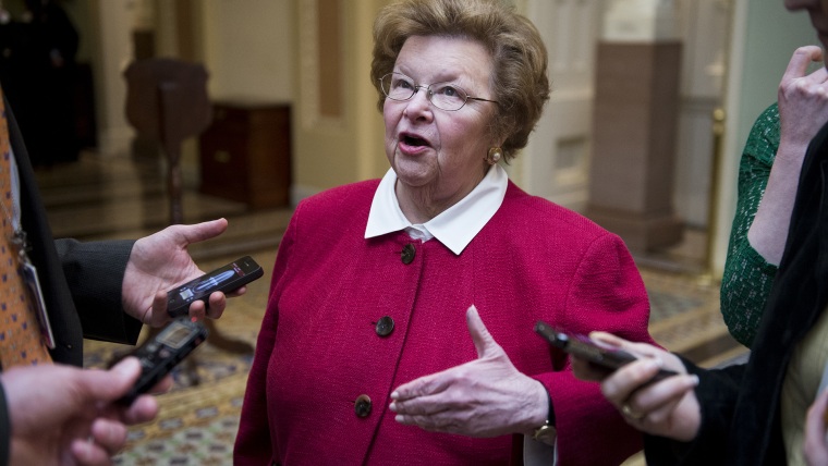 Sen. Barbara Mikulski, D-Md., speaks with reporters following the Senate Democrats' policy lunch on April 1, 2014. (Photo by Bill Clark/CQ Roll Call/Getty)