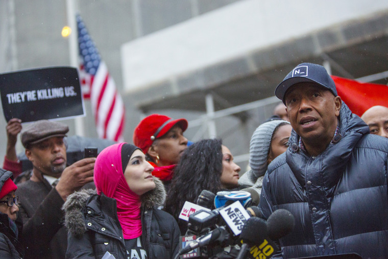 Rap mogul Russell Simmons speaks at a news conference along with members of Justice League NYC to present a list of demands in New York