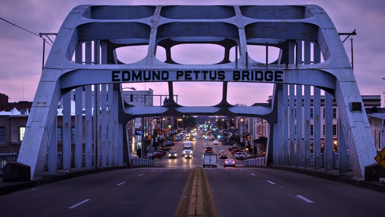 A dusk view of the Edmund Pettus Bridge where Route 80 crosses the Alabama River on March 5, 2015 in Selma, Alabama.