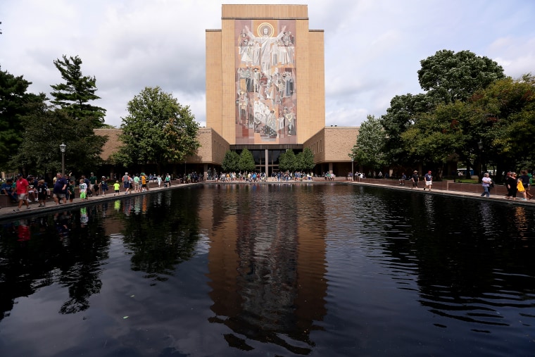 The mural at the Hesburgh Library, commonly known as \"Touchdown Jesus\" is seen on the campus of Notre Dame University on Aug. 30, 2014 in South Bend, Ind. (Photo by Jonathan Daniel/Getty)