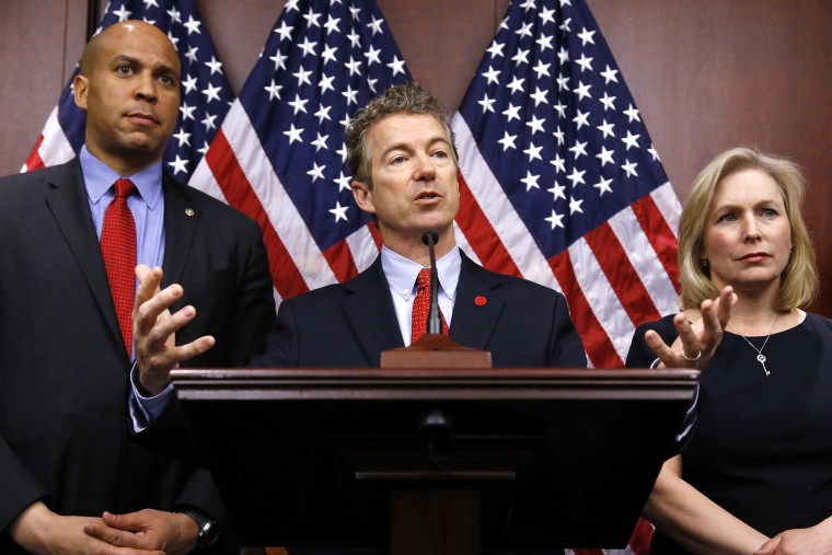 Booker, Paul and Gillibrand hold a news conference to introduce legislation that would prevent the federal government from prosecuting medical marijuana users in states where it is legal, at the U.S. Capitol in Washington (Photo by Jonathan Ernst/Reuters)