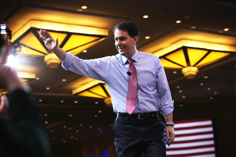Wisconsin Gov. Scott Walker acknowledges the crowd after his speech at the 42nd annual Conservative Political Action Conference (CPAC) on Feb. 26, 2015 in National Harbor, Md. (Photo by Alex Wong/Getty)