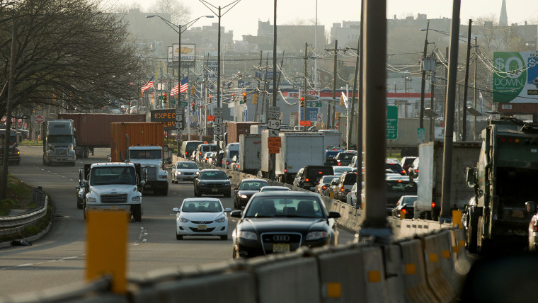 Heavy traffic on the northbound lanes (right) of Routes 1 & 9 entering into Jersey City coming off the Lincoln Highway Bridge on Tuesday, April 22, 2014.