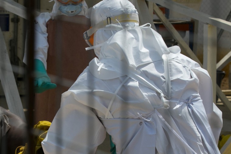 A healthcare worker at an Ebola treatment center outside Freetown, Sierra Leone on Dec. 22, 2014.