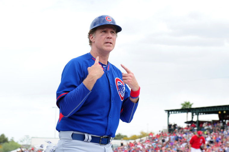 Will Ferrell plays third base coach for the Chicago Cubs during a spring training game against the Los Angeles Angels at Tempe Diablo Stadium on March 12, 2015.