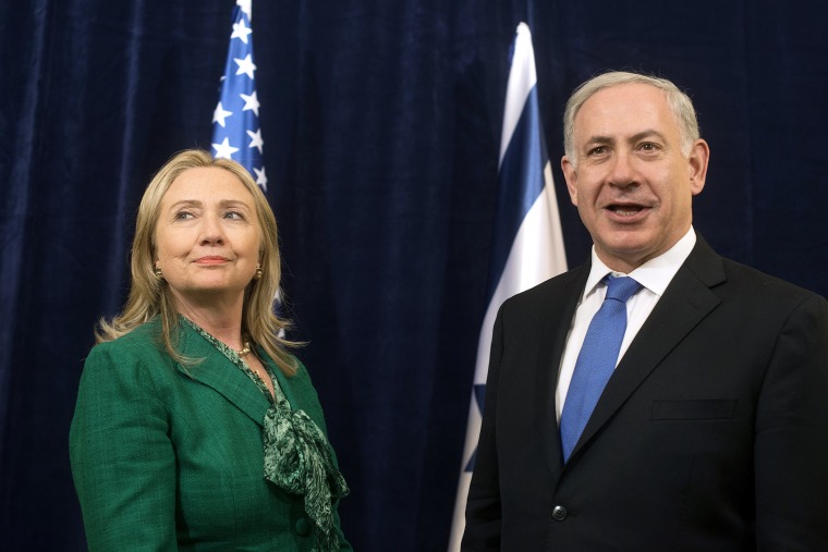 Then-U.S. Secretary of State Hillary Clinton meets with Israeli Prime Minister Benjamin Netanyahu in New York in 2012. (Photo by Keith Bedford/Reuters)