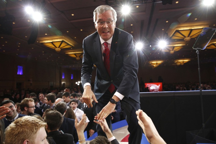 Jeb Bush shakes hands after speaking at the Conservative Political Action Conference (CPAC) at National Harbor in Maryland, on Feb. 27, 2015. (Photo by Kevin Lamarque/Reuters)
