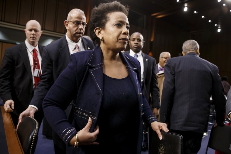 Attorney General nominee Loretta Lynch, President Barack Obama's choice to run the Justice Department, wraps up a full day of testimony before the Senate Judiciary Committee at her confirmation hearing, on Capitol Hill in Washington, on Jan. 28, 2015.