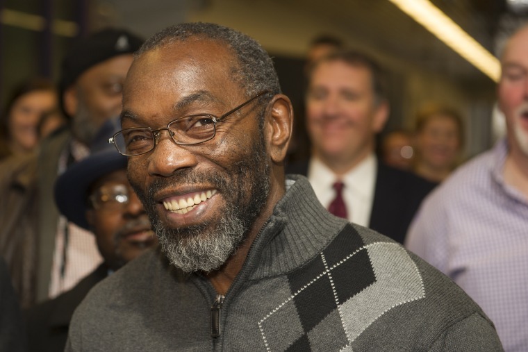 Ricky Jackson, 57, of Cleveland, smiles as he speaks with reporters, after being released from a life sentence an hour earlier on Nov. 20, 2014 in Cleveland. (Photo by Phil Long/AP)