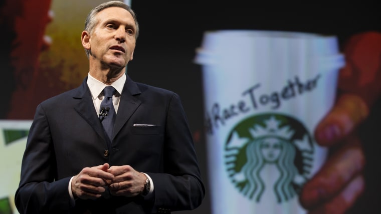 Starbucks Chairman and CEO Howard Schultz addresses the \"Race Together Program\" during the Starbucks annual shareholders meeting March 18, 2015 in Seattle. (Stephen Brashear/Getty)