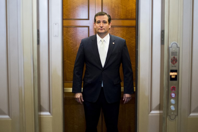 Sen. Ted Cruz, R-Texas, takes the elevator down as he leaves the Senate floor as debate ends on the Senate immigration reform bill on June 27, 2013.