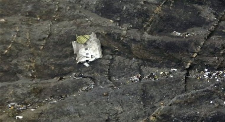 HANDOUT - A handout picture made available by Thomas Koehler on 24 March 2015 shows wreckage and small debris lying on the mountainside after the crash of an...