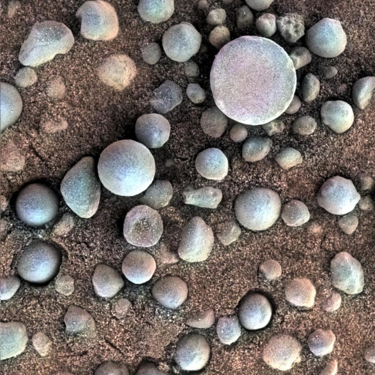 The small spherules on the Martian surface in this close-up image are near Fram Crater, visited by NASA's Mars Exploration Rover Opportunity during April 2004.