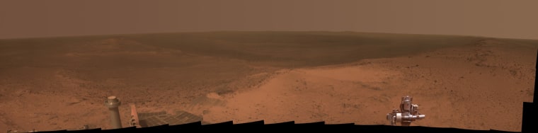 This panorama is the view NASA's Mars Exploration Rover Opportunity gained from the top of the \"Cape Tribulation\" segment of the rim of Endeavour Crater, the week of Jan. 6, 2015.