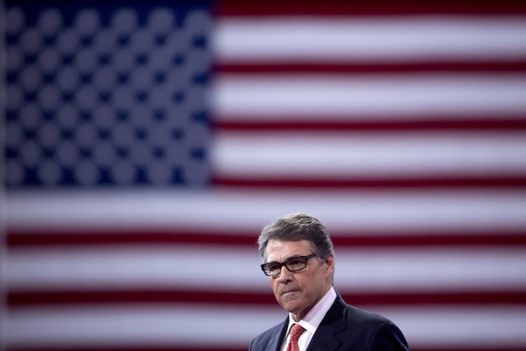 Rick Perry pauses while speaking during the Conservative Political Action Conference (CPAC) in National Harbor, Md., on Feb. 27, 2015. (Photo by Andrew Harrer/Bloomberg via Getty)
