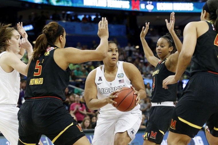Kaleena Mosqueda-Lewis #23 of the Connecticut Huskies drives against the Maryland Terrapins in the second half during the NCAA Women's Final Four Semifinal at Amalie Arena on April 5, 2015 in Tampa, Florida. (Photo by Brian Blanco/Getty