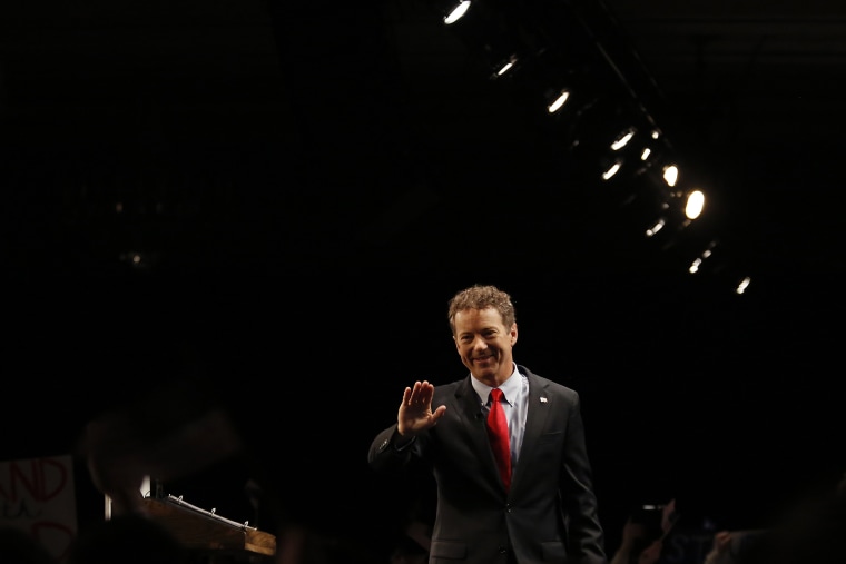 Sen. Rand Paul (R-KY) waves to supporters after announcing his candidacy for the Republican presidential nomination during an event at the Galt House Hotel on April 7, 2015 in Louisville, Ky. (Photo by Luke Sharrett/Getty)