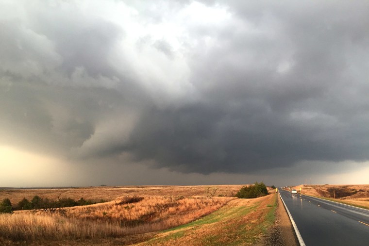 A tornado moves into southwestern Kansas near Medicine Lodge bringing high winds and hail on April 8, 2015.
